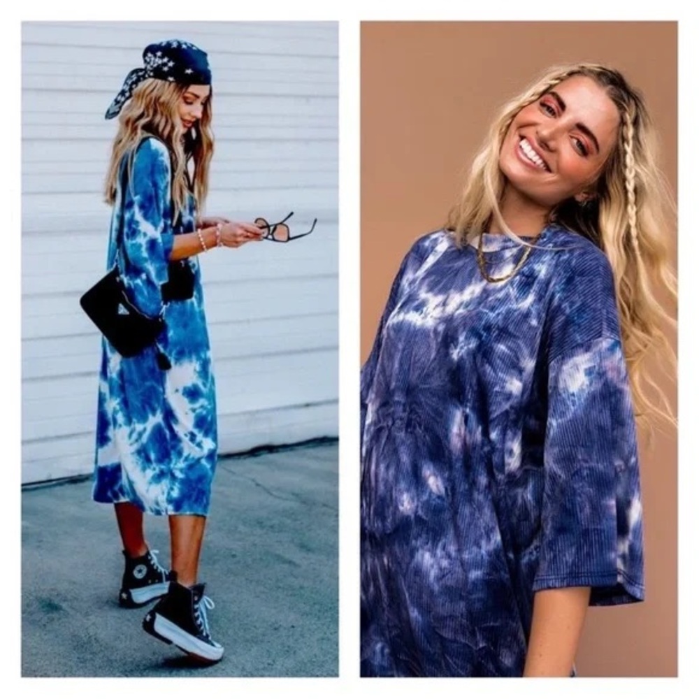 Dressed in LALA Blue Tie-Dye Midi Dress 3/4 Sleeve Crew Neck